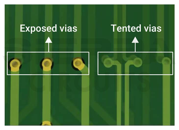 exposed-hole-vs-tented-hole-on a PCB- illustrate-soldermask-coverage-difference-on-the-vias.jpg